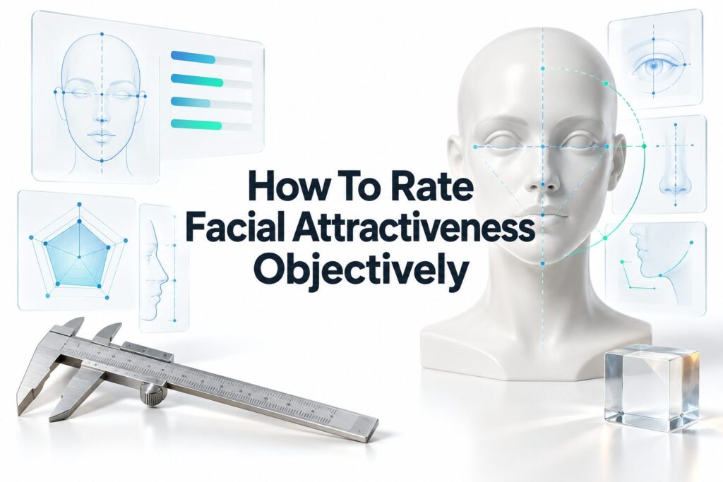 Balanced facial proportions illustrated with measurement lines and symmetry guides