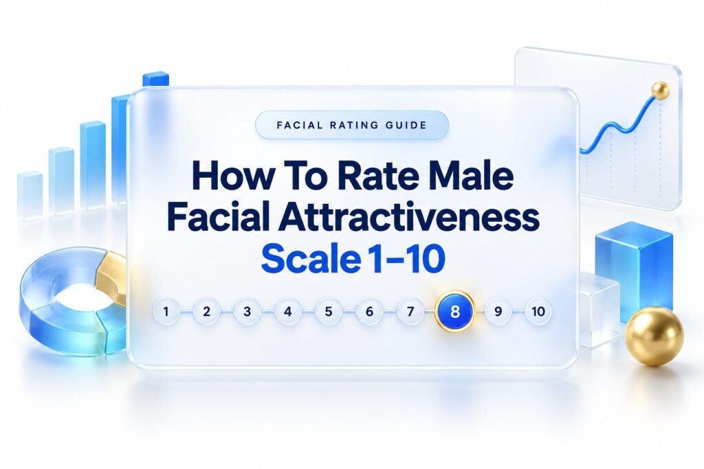 Diverse male faces shown as a neutral 1–10 facial attractiveness rating scale illustration